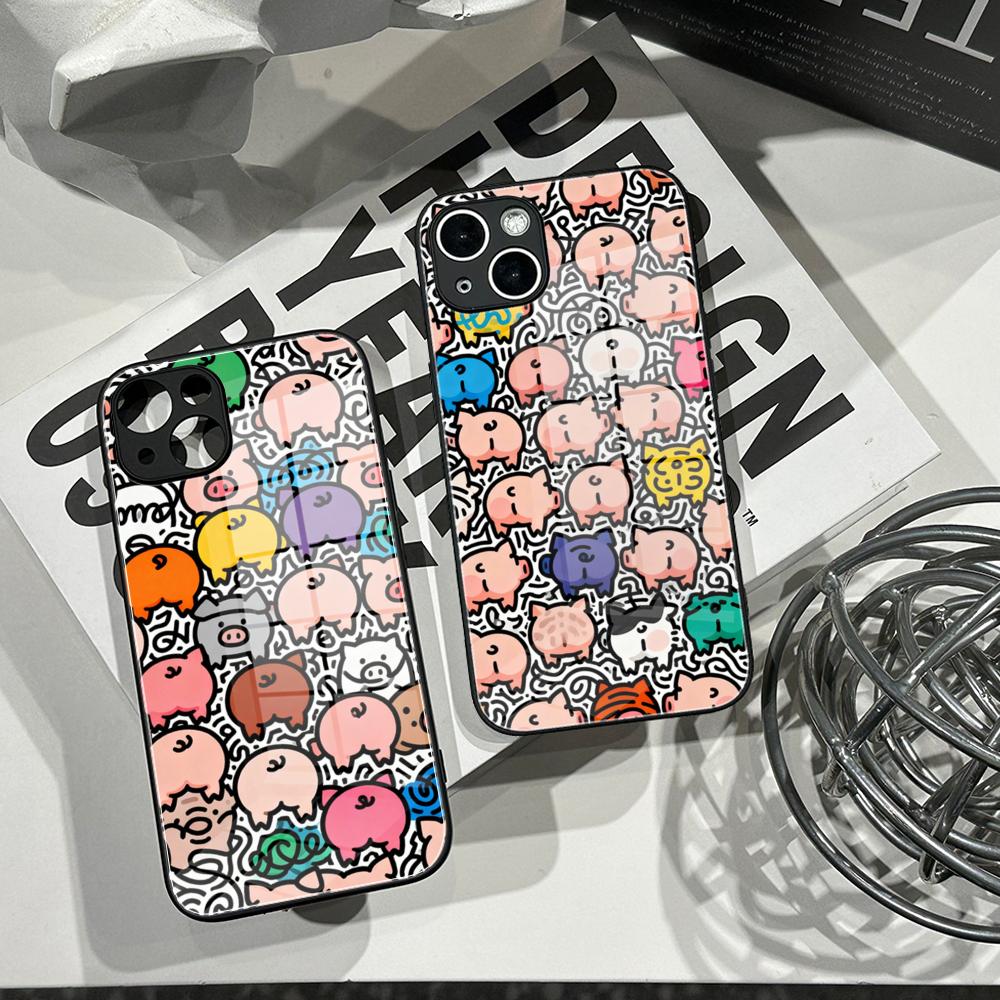 Pc Case Tempered Glass - Schattig varkens-doodle telefoonhoesje van gehard glas