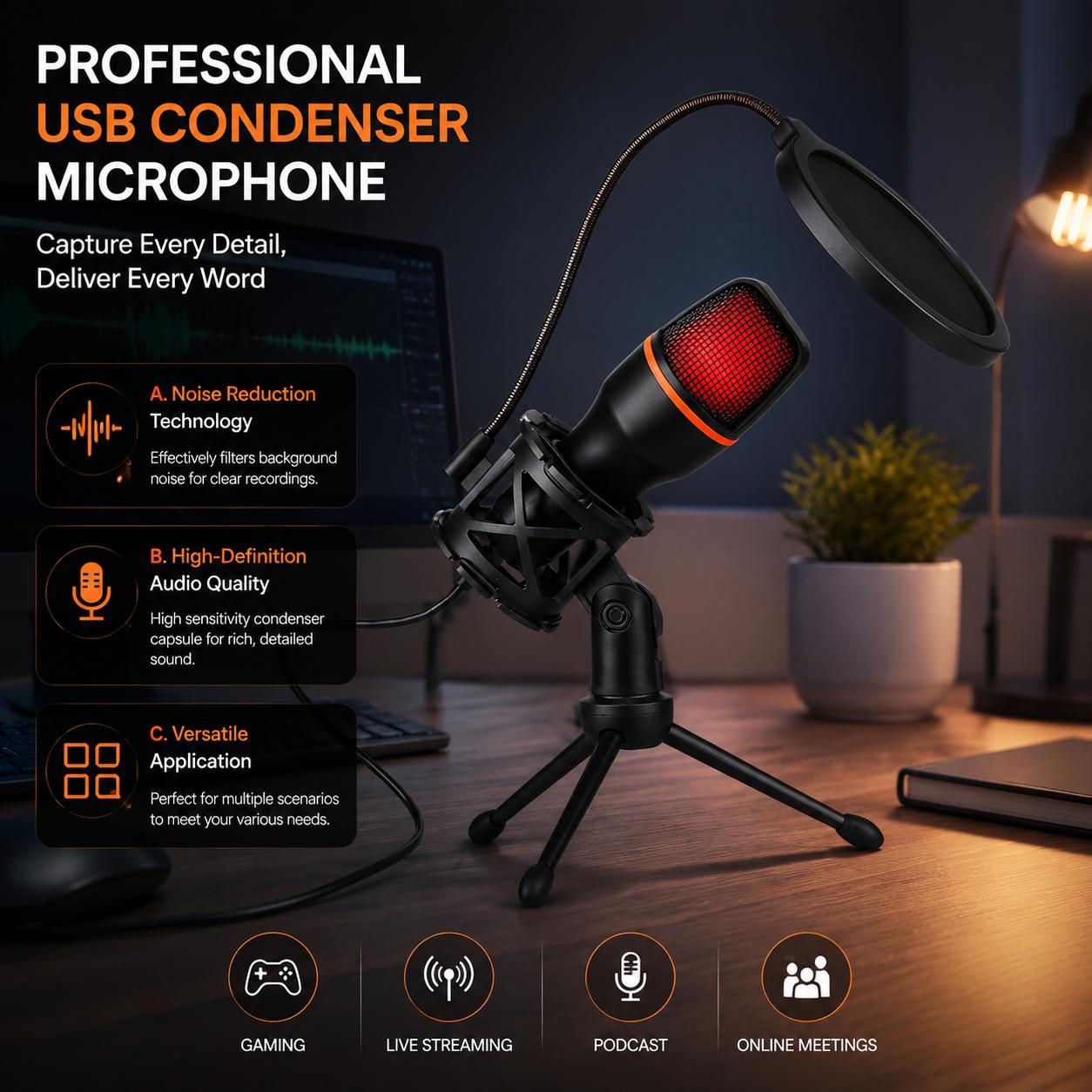 Pc Gaming Youtuber - Professionele condensatormicrofoonset met statief en RGB-verlichting