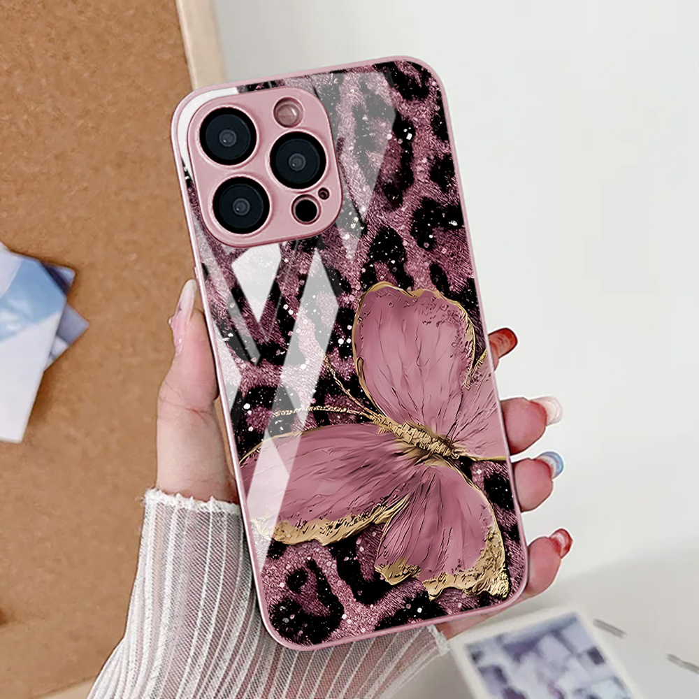 Pc Case Tempered Glass - Vlinder Luipaard Print Telefoon Case Voor